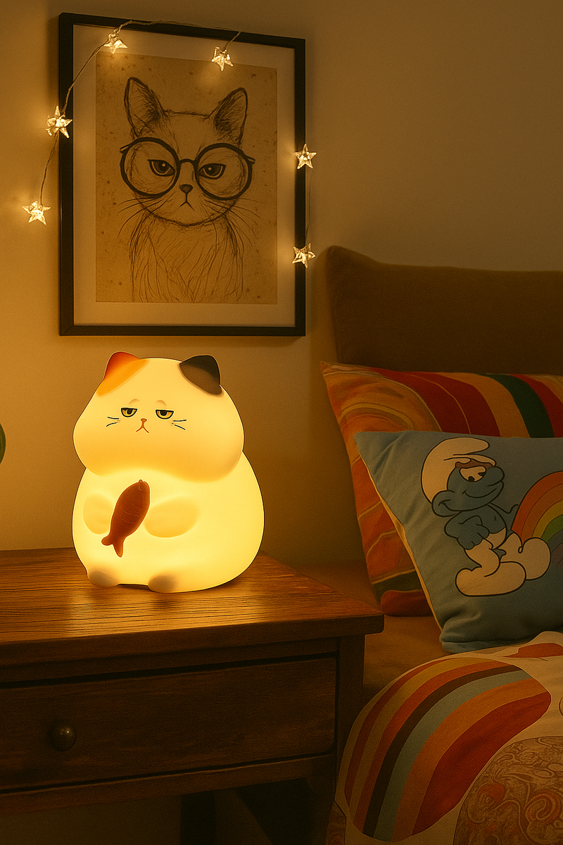 Grumpy Cat Night Light – Soft Glow LED Lamp with Fish Accessory