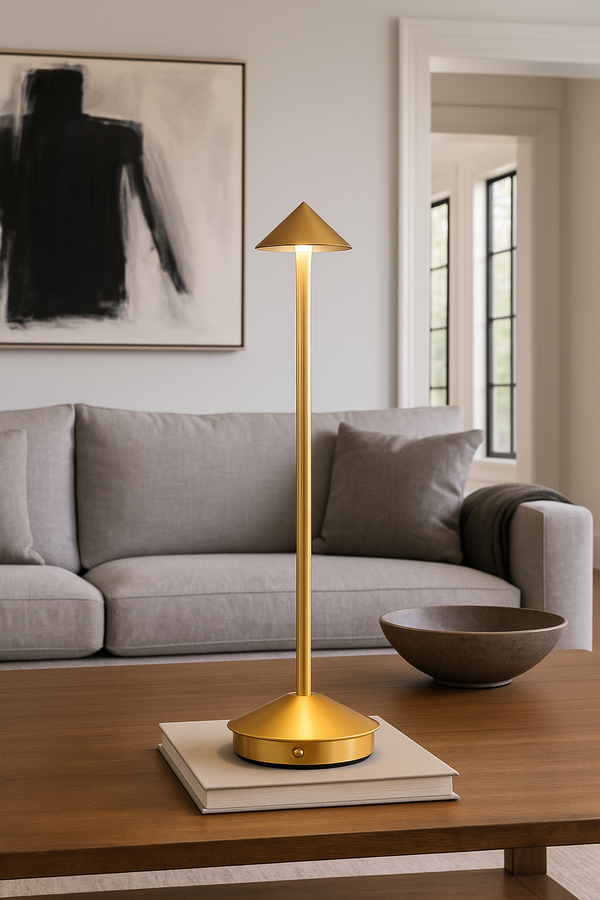 Minimalist Gold Cone Table Lamp – USB Rechargeable LED Light