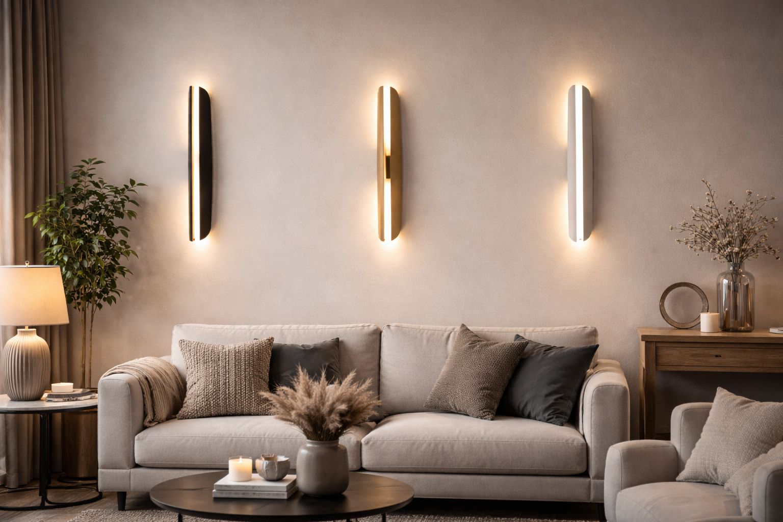 Modern living room with a gray sofa, decorative pillows, and wall lights.